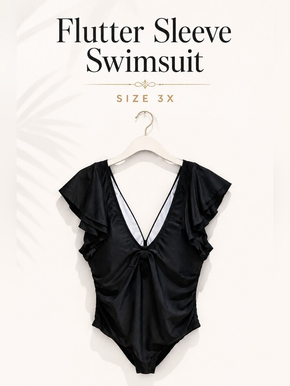 Black Flutter Sleeve One Piece Swimsuit Plus Size 3X Ruched Deep V Tummy Control